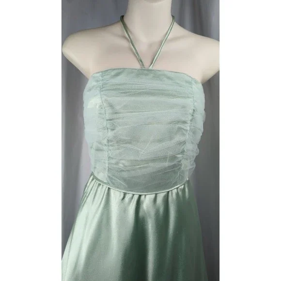Vintage 50s Tulle Prom Dress Seafoam Green Satin Silk Halter Ruched Mint XXS XS - Picture 4 of 13
